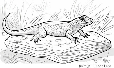 A small lizard is perched on a smooth stone, basking in the sun. Surrounding it is lush, green grass, creating a peaceful natural setting 118451488