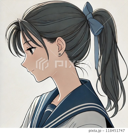 ポニーテールの女子高生の横顔のイラストのイラスト素材 [118451747