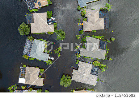 Flooded residential area with underwater houses from hurricane Debby rainfall water in Laurel Meadows community in Sarasota, Florida. Aftermath of natural disaster in southern USA 118452082