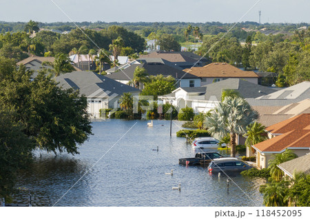 Hurricane Debby flooded homes and cars in Laurel Meadows community in Sarasota, Florida. Aftermath of natural disaster 118452095