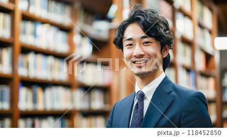 本棚の前に立つスーツ姿の笑顔の若い男性 本棚の前に立つスーツ姿の笑顔の若い男性 118452850