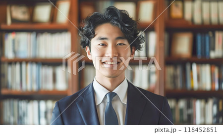 本棚の前に立つスーツ姿の笑顔の若い男性 118452851