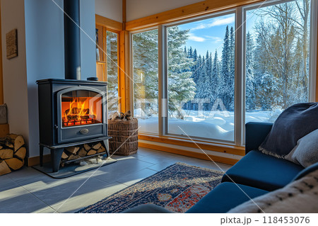 窓から雪景色の見える、薪ストーブのあるおしゃれなリビング5 AI生成画像 窓から雪景色の見える、薪ストーブのあるおしゃれなリビング5 AI生成画像 118453076