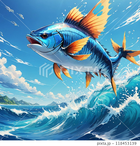 魚の絵 海から飛び出る魚のイラスト素材 [118453139] - PIXTA