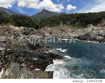 Near the Father Sidotti Landing Monument in Yakushima JAPAN, there is a beach where you can enjoy the magnificent terrain, geological formations and huge rocks. Near the Father Sidotti Landing Monument in Yakushima JAPAN, there is a beach where you can enjoy the magnificent terrain, geological formations and huge rocks. 118453199