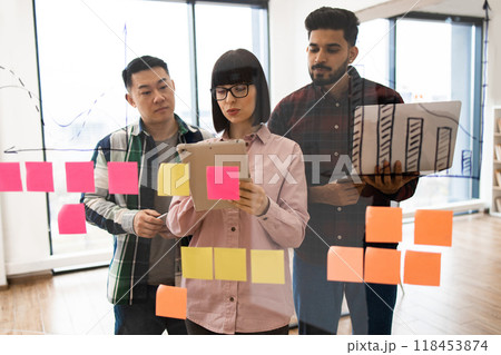 Team brainstorming with sticky notes and digital devices in modern office 118453874