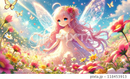 光り輝く妖精が花畑で蝶と戯れる美しいファンタジーシーンのイラスト