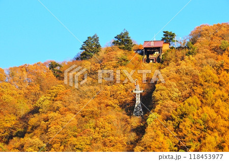 河口湖畔カチカチ山(天上山)の黄葉とカチカチ山ロープウェイ 河口湖畔カチカチ山(天上山)の黄葉とカチカチ山ロープウェイ 118453977