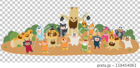 ハロウィンの仮装をした子供達とジャックランタン 118454061