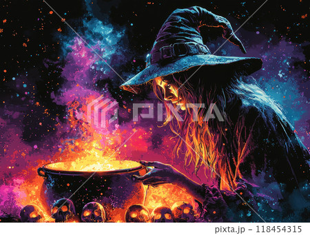 A menacing-looking mystical witch conjures over a boiling cauldron of magic potion. 118454315