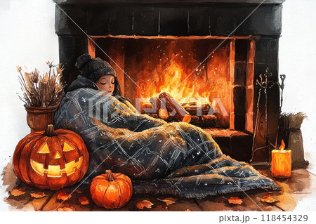 A girl wrapped in a blanket sleeps soundly near a burning fireplace, cozy Halloween vibe 118454329