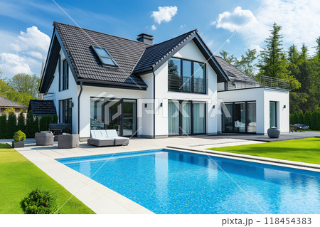 白い壁のおしゃれな新築一戸建て住宅49　AI生成画像 118454383