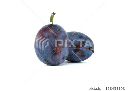 Close-up of fresh plums isolated on white background showcasing vibrant natural colors 118455108