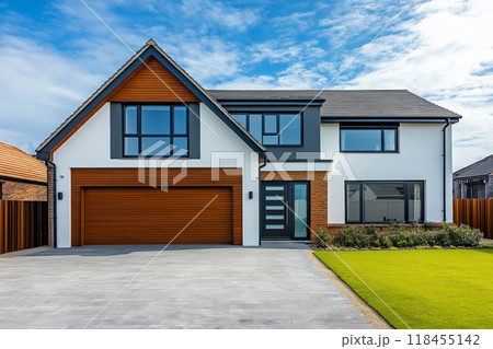 白い壁のおしゃれな新築一戸建て住宅153　AI生成画像 118455142