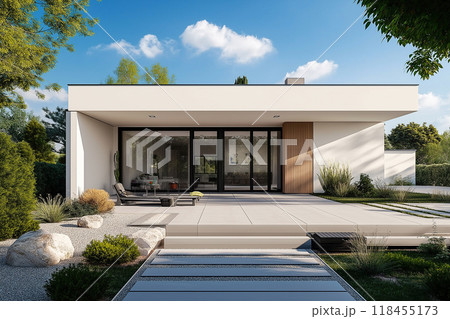 白い壁のおしゃれな新築一戸建て住宅170 AI生成画像 白い壁のおしゃれな新築一戸建て住宅170 AI生成画像 118455173