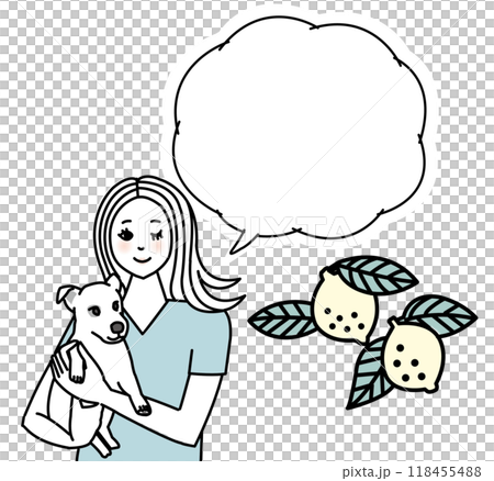 Illustration of a woman holding a dog and fruit Illustration of a woman holding a dog and fruit 118455488