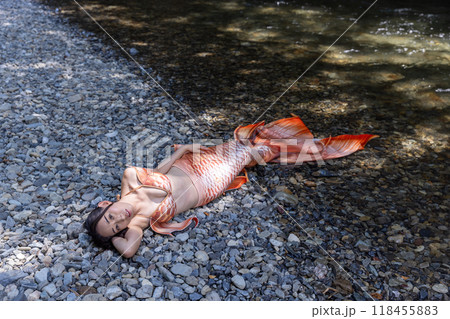 河原に寝そべる黒髪の人魚 118455883