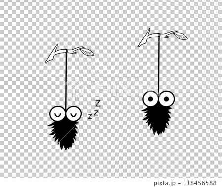 木の枝にぶら下がる蓑虫のシンプルでコミカルな白黒イラストセット 118456588