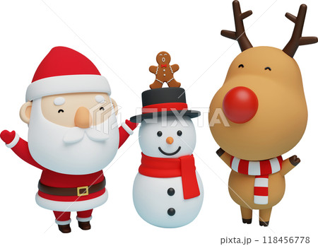 Santa and Rudolph cheering with a snowman 3D graphics Santa and Rudolph cheering with a snowman 3D graphics 118456778