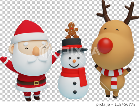 Santa and Rudolph cheering with a snowman 3D graphics Santa and Rudolph cheering with a snowman 3D graphics 118456778