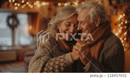 A couple dancing together in front of a christmas tree, AI A couple dancing together in front of a christmas tree, AI 118457032