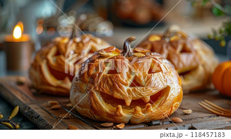 Pumpkin Pastry with Face on Wooden Table 118457183
