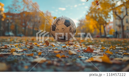 A soccer ball is flying through the air in a park, AI 118457222
