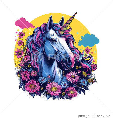 A vibrant unicorn with a spiral horn, surrounded by colorful flowers and clouds. Perfect for fantasy-themed projects. Animals. A vibrant unicorn with a spiral horn, surrounded by colorful flowers and clouds. Perfect for fantasy-themed projects. Animals. 118457292