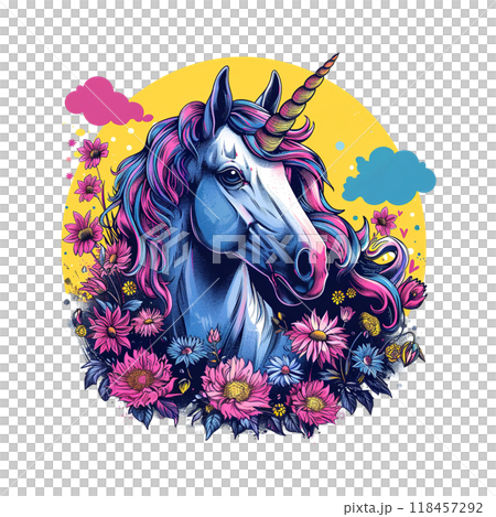 A vibrant unicorn with a spiral horn, surrounded by colorful flowers and clouds. Perfect for fantasy-themed projects. Animals. A vibrant unicorn with a spiral horn, surrounded by colorful flowers and clouds. Perfect for fantasy-themed projects. Animals. 118457292