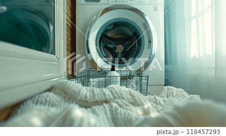 A washer and dryer in a room with curtains, AI 118457293