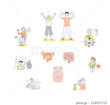 元気な腸・健康的な生活習慣のイメージいろいろ セット 元気な腸・健康的な生活習慣のイメージいろいろ セット 118457315