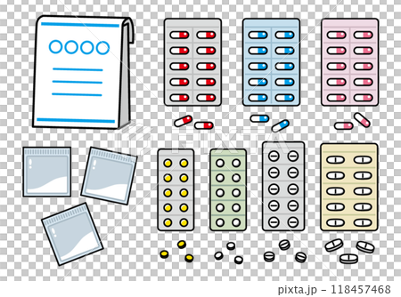 薬のイラスト　錠剤、カプセル、粉薬 118457468