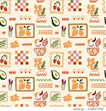 Beige checkered summer seamless pattern. Cute mosaic and geometric tropical elements, framed fruits. Vector print 118457700