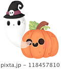 A ghost and a pumpkin are shown in a Halloween themed drawing 118457810