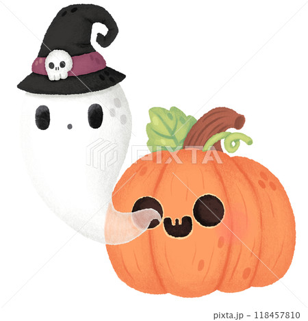 A ghost and a pumpkin are shown in a Halloween themed drawing A ghost and a pumpkin are shown in a Halloween themed drawing 118457810