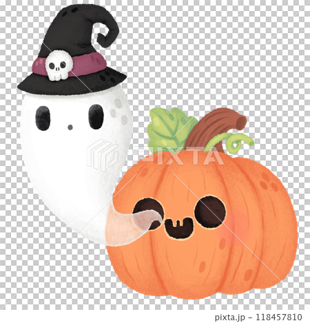 A ghost and a pumpkin are shown in a Halloween themed drawing A ghost and a pumpkin are shown in a Halloween themed drawing 118457810