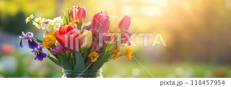 A colorful mix of tulips, irises, and daisies fills a clear glass jar, bathed in warm sunlight illuminating a cheerful garden atmosphere. 118457954