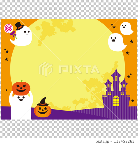 Cute Halloween frame with pumpkins, ghosts and castles Cute Halloween frame with pumpkins, ghosts and castles 118458263
