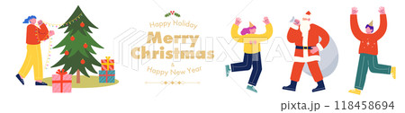 新年とクリスマスを祝うパーティーを一緒に楽しむ陽気な友人達とサンタクロース。クリスマスツリーの飾り付 118458694