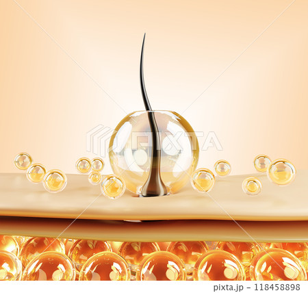 Hair care 3d render background. Scalp cell structure with follicle and gold oil drops, serum or essence. Nourish shampoo or balm, keratin repair. Beauty cosmetic product mockup banner. 3D illustration Hair care 3d render background. Scalp cell structure with follicle and gold oil drops, serum or essence. Nourish shampoo or balm, keratin repair. Beauty cosmetic product mockup banner. 3D illustration 118458898