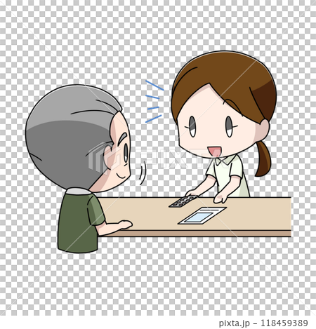 一位老人從藥劑師那裡接受有關藥物的解釋的插圖 118459389