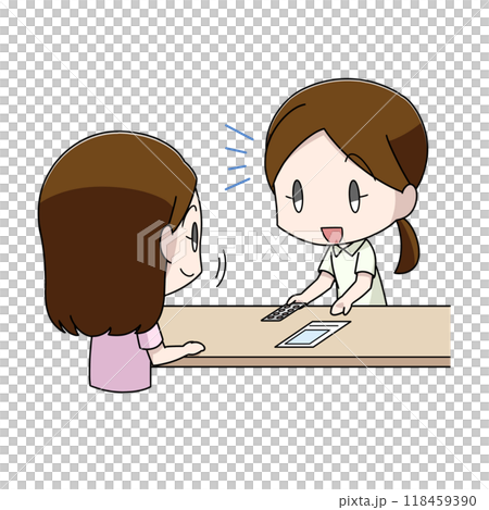 一名婦女從藥劑師那裡接受藥物解釋的插圖 118459390