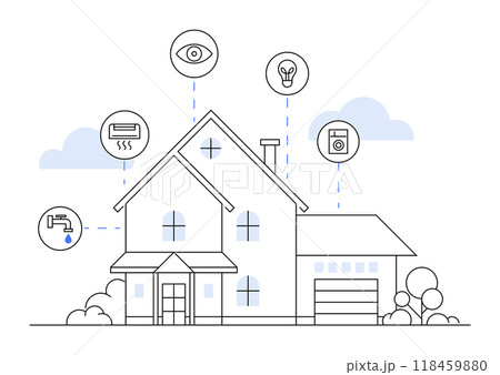 Modern house with symbols representing connected smart home devices such as security, lighting, HVAC, and water systems. Ideal for tech enthusiasts, home automation, security, energy efficiency, and s Modern house with symbols representing connected smart home devices such as security, lighting, HVAC, and water systems. Ideal for tech enthusiasts, home automation, security, energy efficiency, and s 118459880