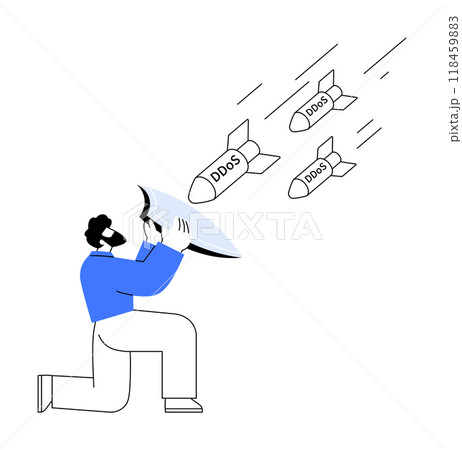 Man holding a shield kneeling, deflecting three incoming missiles labeled DDoS. Ideal for cyber security, defense strategies, risk management, online protection, and IT infrastructure. Minimalist Man holding a shield kneeling, deflecting three incoming missiles labeled DDoS. Ideal for cyber security, defense strategies, risk management, online protection, and IT infrastructure. Minimalist 118459883