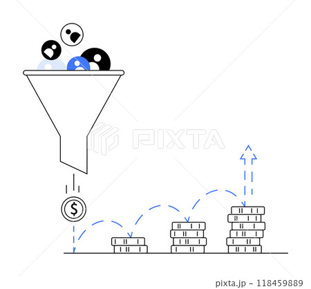 A funnel filled with diverse inputs filters into a dollar coin, which bounces and stacks into higher coin piles. Ideal for finance, investment, marketing, business growth, data analysis. A funnel filled with diverse inputs filters into a dollar coin, which bounces and stacks into higher coin piles. Ideal for finance, investment, marketing, business growth, data analysis. 118459889