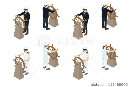 アイソメトリックイラスト：舵を取る船員 118460006