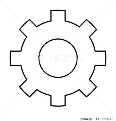 Simple black and white outline of a gear symbol. Gear has eight teeth. Ideal for mechanical, industrial, engineering, machinery, and design applications. Simple black and white outline of a gear symbol. Gear has eight teeth. Ideal for mechanical, industrial, engineering, machinery, and design applications. 118460051