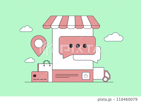 Online shopping vector illustration about social selling, digital marketing and direct messaging for businesses. Shows how local shops can sell online and connect with customers to increase sales Online shopping vector illustration about social selling, digital marketing and direct messaging for businesses. Shows how local shops can sell online and connect with customers to increase sales 118460079