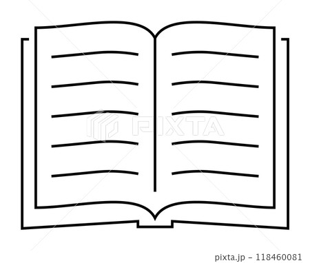This design features a simple line drawing of an open book with multiple visible page lines. The black and white diagram is minimalistic and straightforward. Ideal for educational material, publishing This design features a simple line drawing of an open book with multiple visible page lines. The black and white diagram is minimalistic and straightforward. Ideal for educational material, publishing 118460081