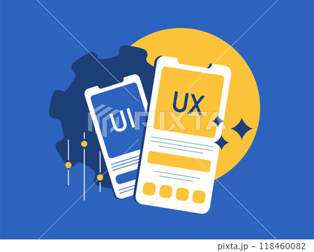 UX UI design and programming, researching, prototyping and creating mobile app interfaces. Developing responsive websites, front-end UX and coding mobile friendly web pages. Vector illustration 118460082